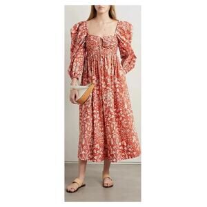 ULLA JOHNSON Alessa Floral Balloon Sleeve Cotton Midi Dress Size 0